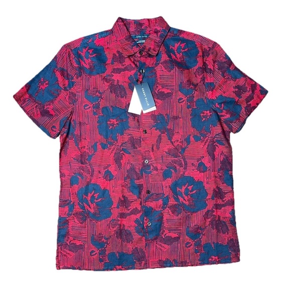 Perry Ellis Red Linen Floral Short Sleeve Collar Button Dress Shirt NWT Medium - Picture 1 of 6